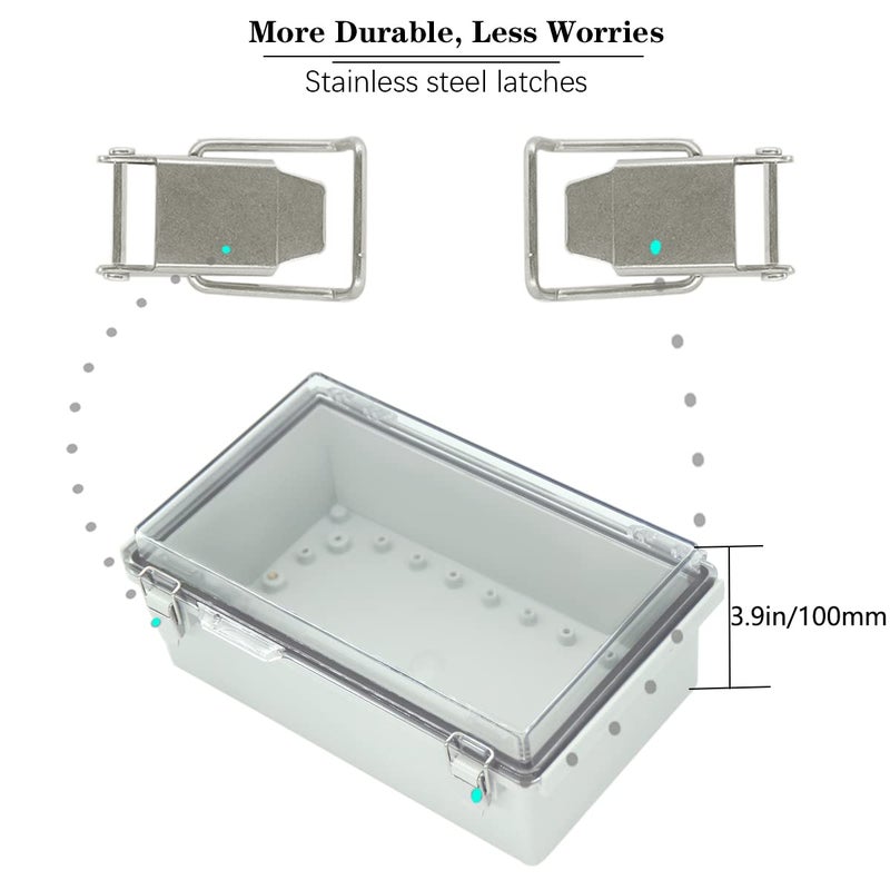 Zulkit Junction Box ABS Plastic Dustproof Waterproof IP67 Electrical Boxes Hinged Shell Outdoor Universal Project Enclosure Grey Clear Cover, Stainless Steel Buckles 10.2 x 6.3 x 3.9 Inch - Image 2